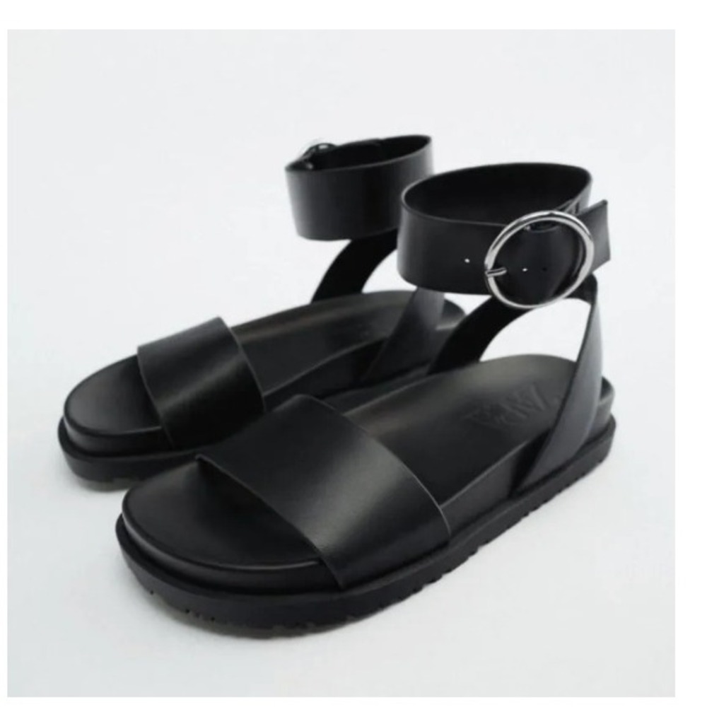 ZARA Black Ankle Strap Round Buckle Whimsigoth Sandal Size 7.5 (38) - Picture 1 of 8